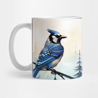 Misty boreal watercolor blue jay Mug